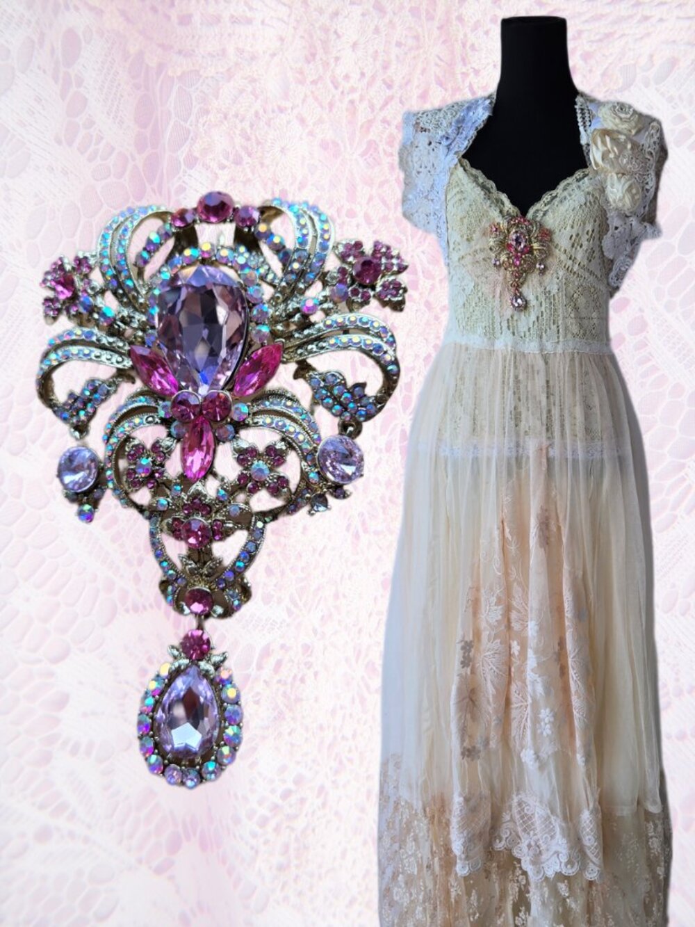 Pink Crystal Brooch Vintage-Style Romantic Coquette